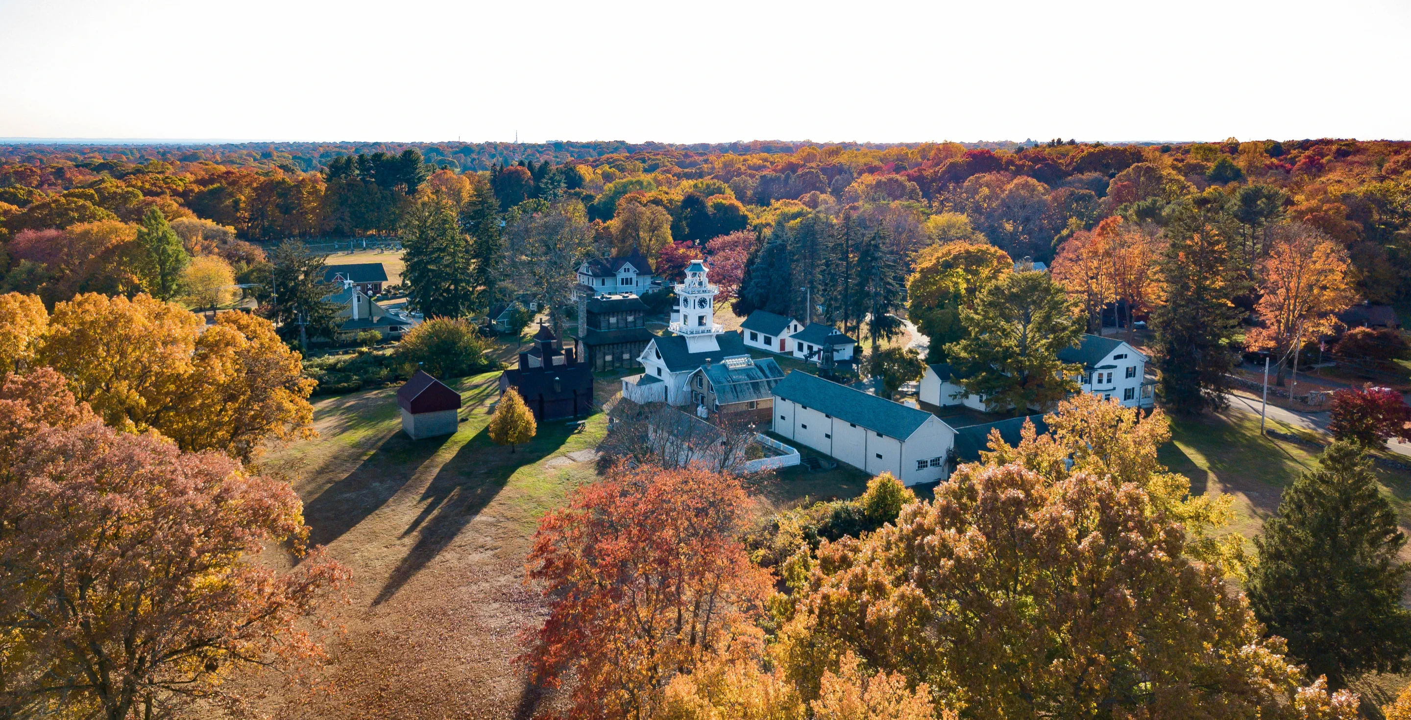 Autumn aerial view of Boothe Memorial Park and its museum buildings