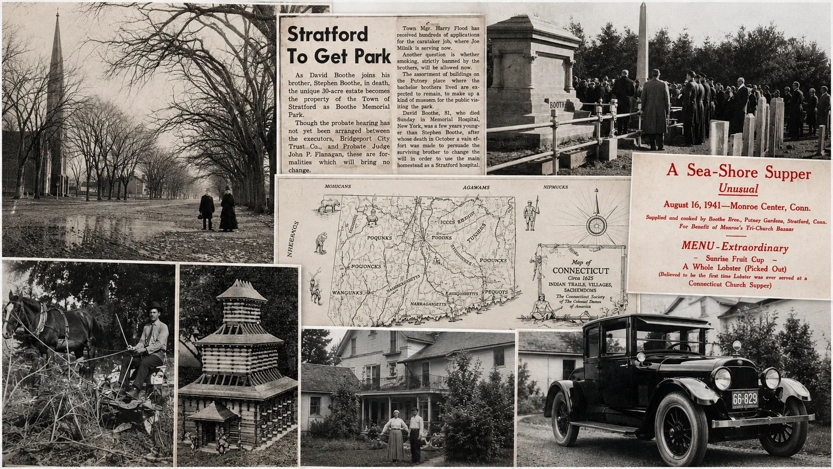 Archival collage of Boothe Park photographs, newspaper clippings, maps, and event ephemera