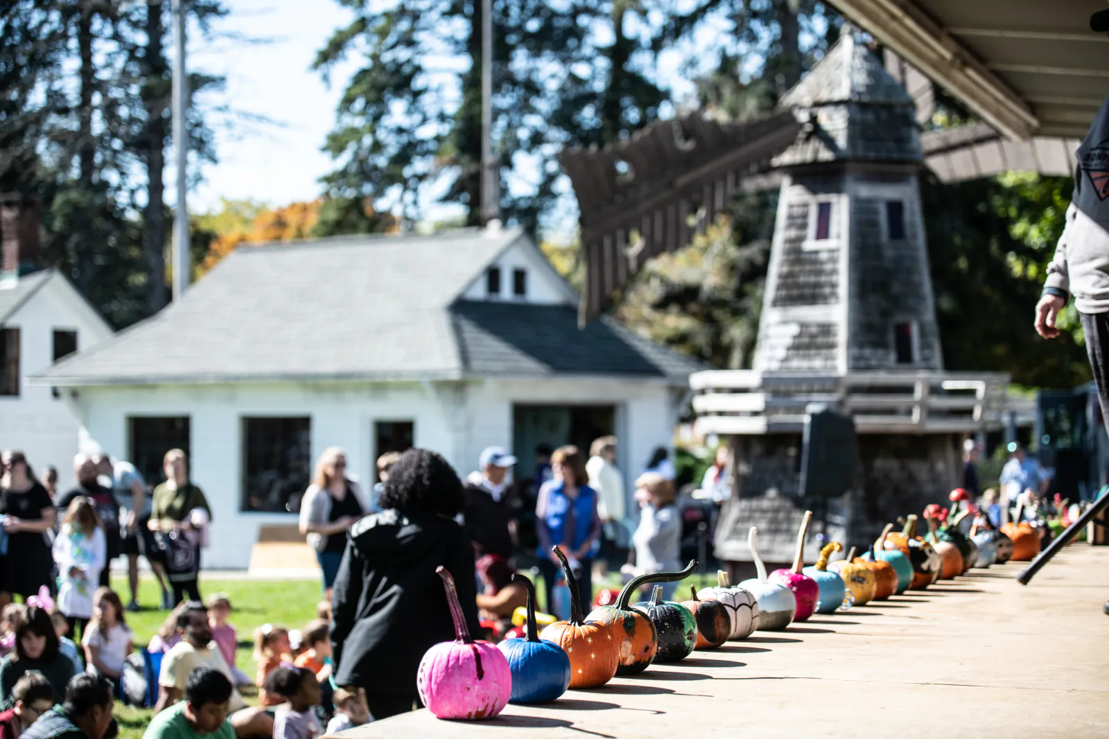 Colorfully painted pumpkins displayed during the Great Pumpkin Festival