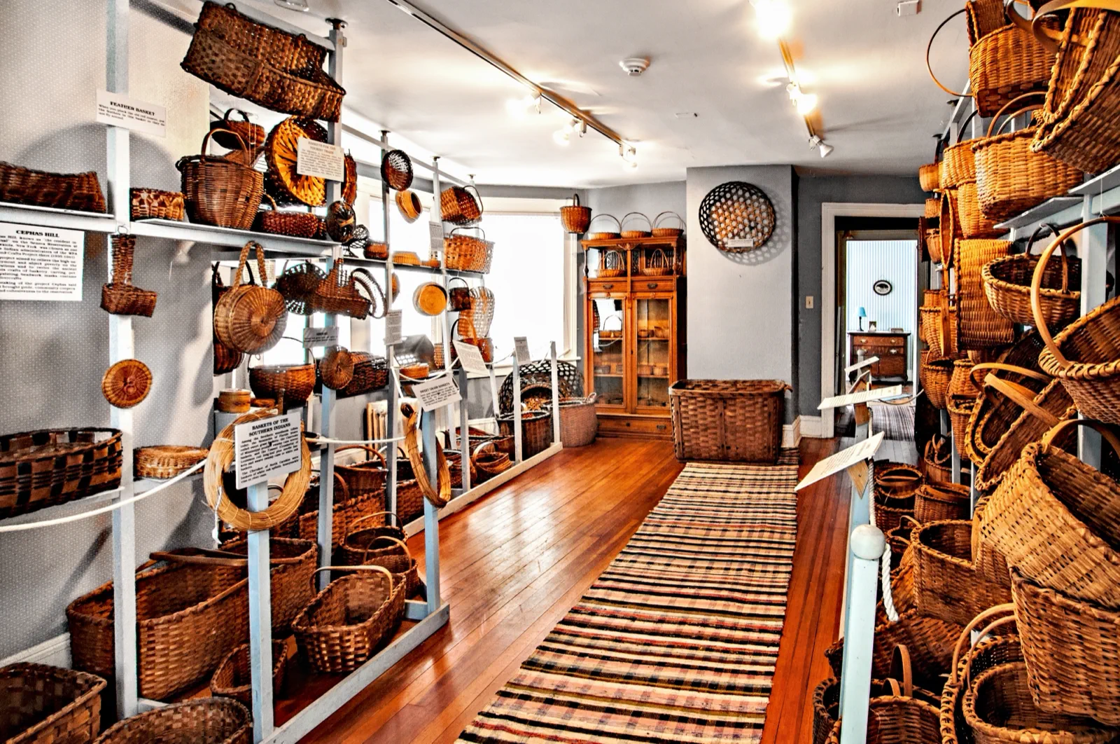 Historic baskets displayed in an upstairs room of the Boothe Homestead