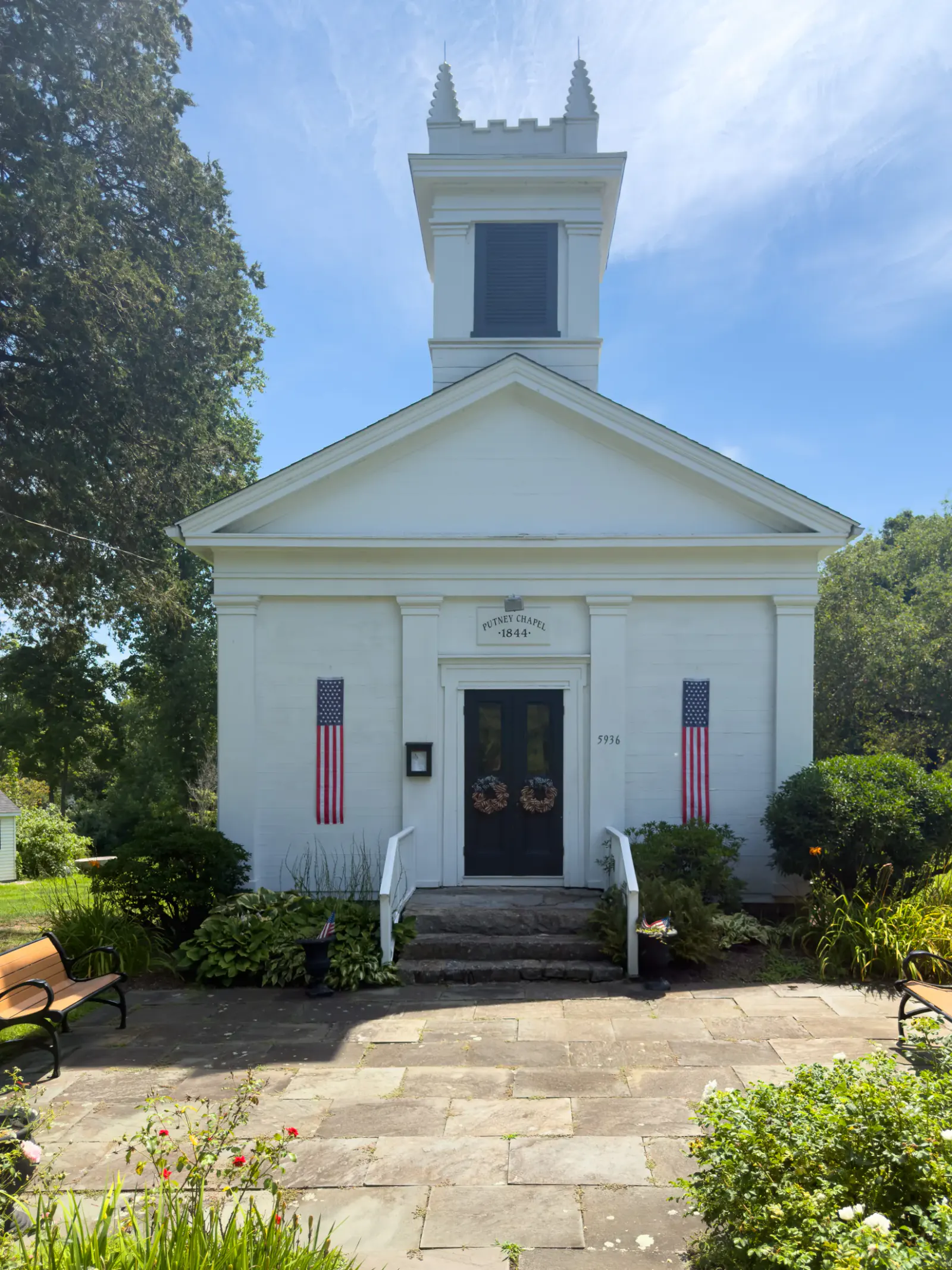 Front facade and cupola of Putney Chapel at Boothe Park