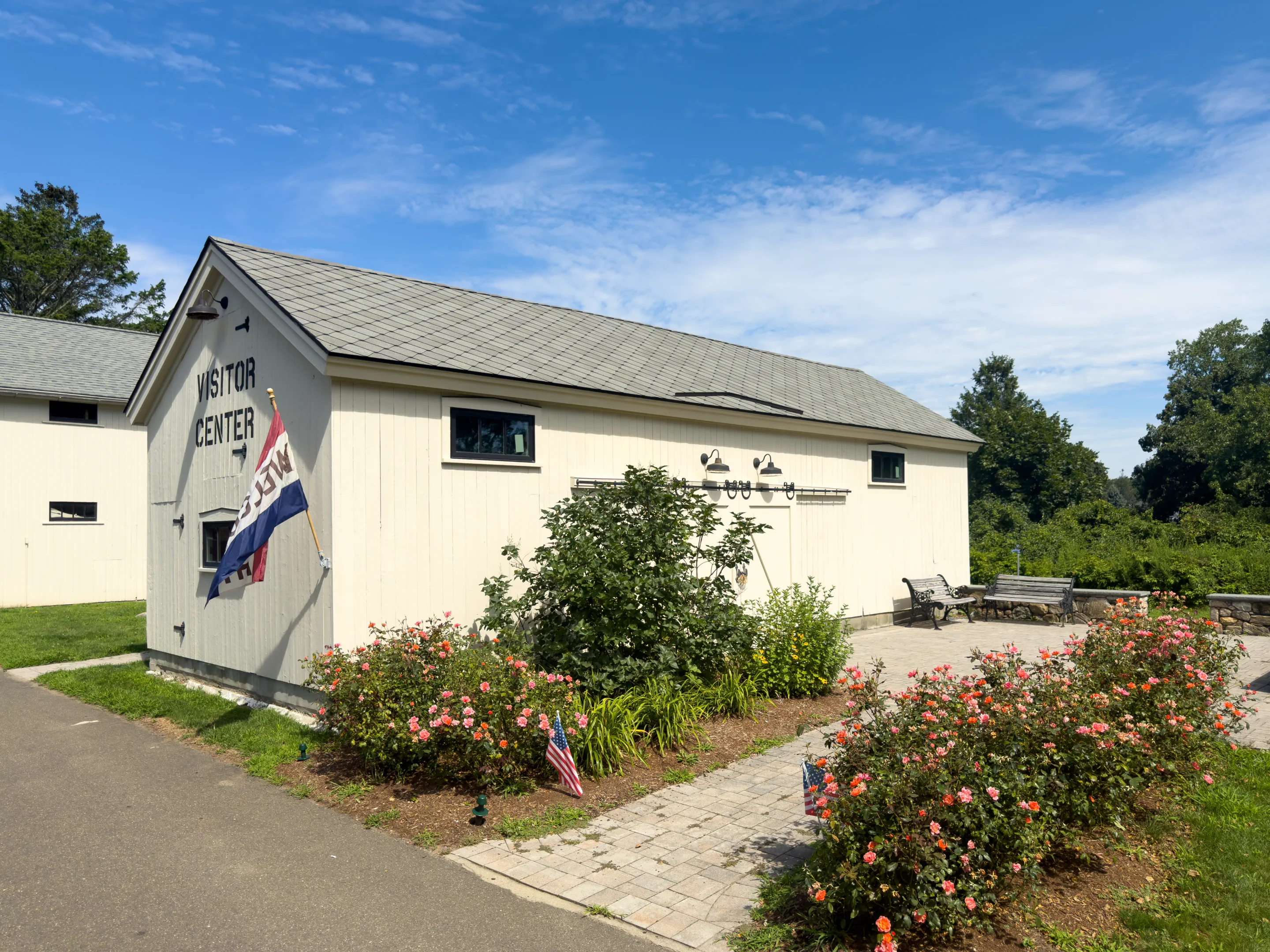 Boothe Park Visitor Center beside the summer garden and outdoor seating