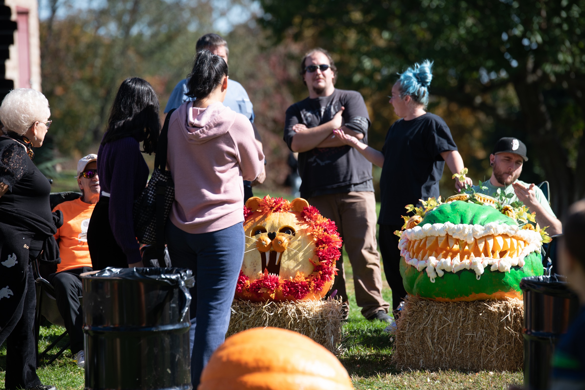Giant carved pumpkins, a lion and a toothy green monster, on hay bales as visitors gather at the Great Pumpkin Festival